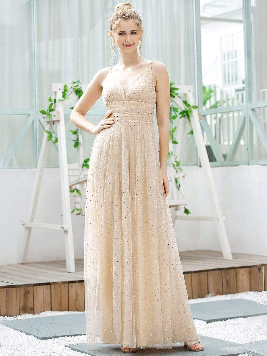 Color=Blush | Cute Sleeveless V Neck Long Evening Dresses With Shiny Dot-Blush 1