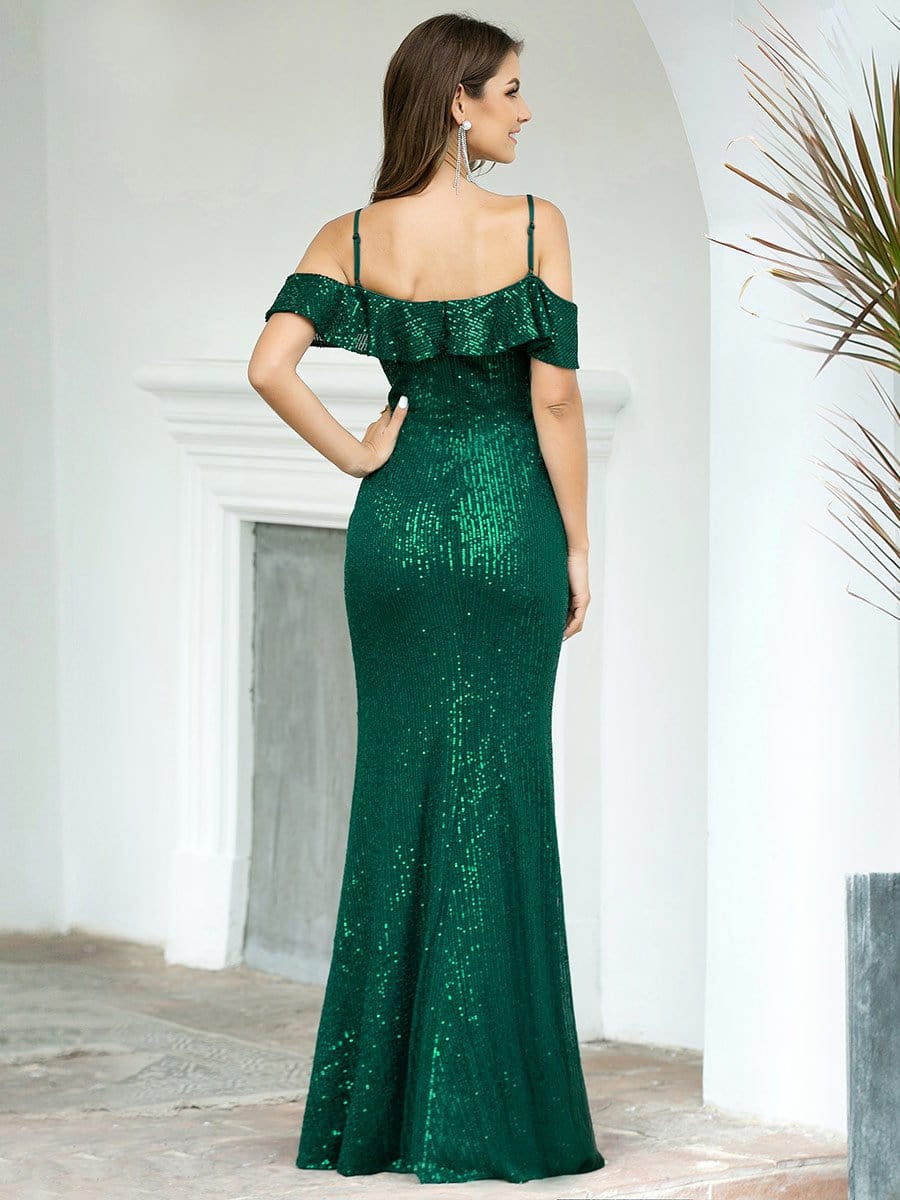 Color=Dark Green | Shiny Floor Length Off Shoulder Sequin Evening Dress For Women-Dark Green 2