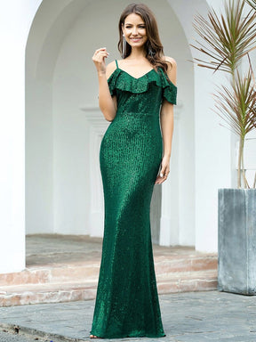 Color=Dark Green | Shiny Floor Length Off Shoulder Sequin Evening Dress For Women-Dark Green 1