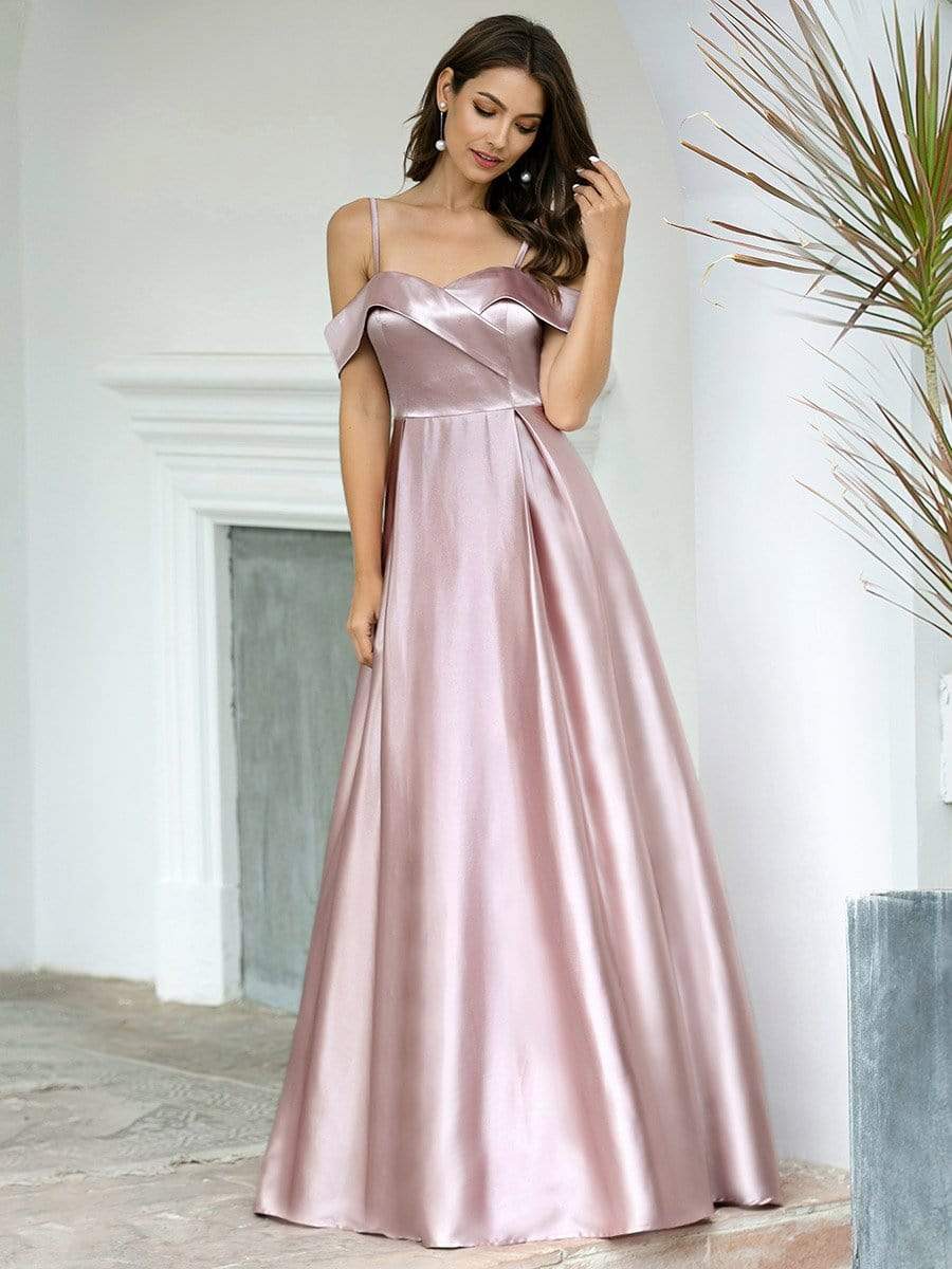 Color=Mauve | Romantic Off Shoulder With Straps A-Line Box Pleat Long Bridesmaid Dress-Mauve 3