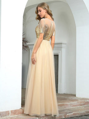Color=Gold | Women'S Cute V Neck A-Line Tulle Evening Dress With Short Sleeves-Gold 2