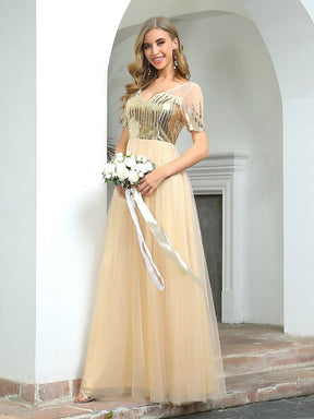 Color=Gold | Women'S Cute V Neck A-Line Tulle Evening Dress With Short Sleeves-Gold 3