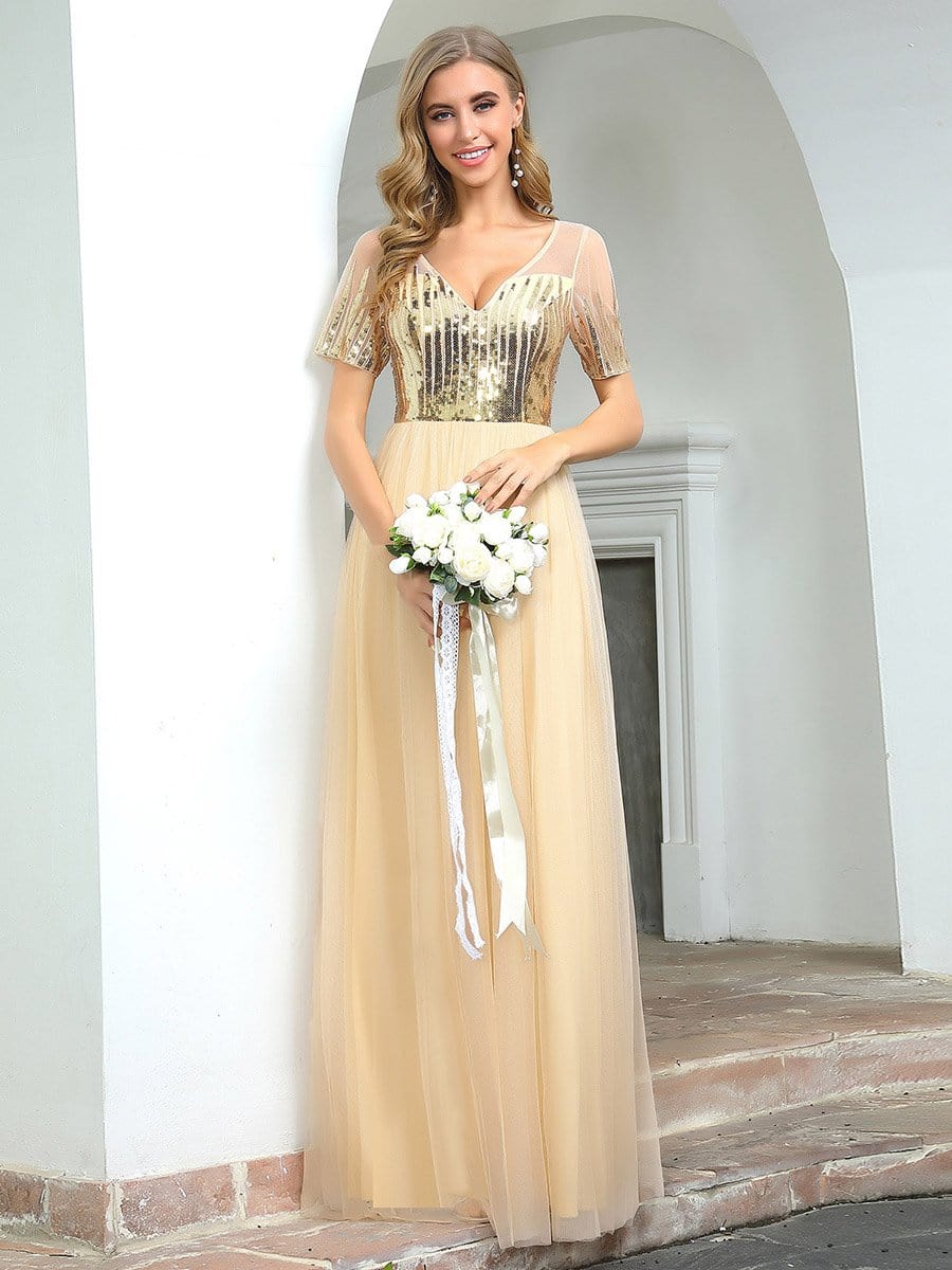 Color=Gold | Women'S Cute V Neck A-Line Tulle Evening Dress With Short Sleeves-Gold 4
