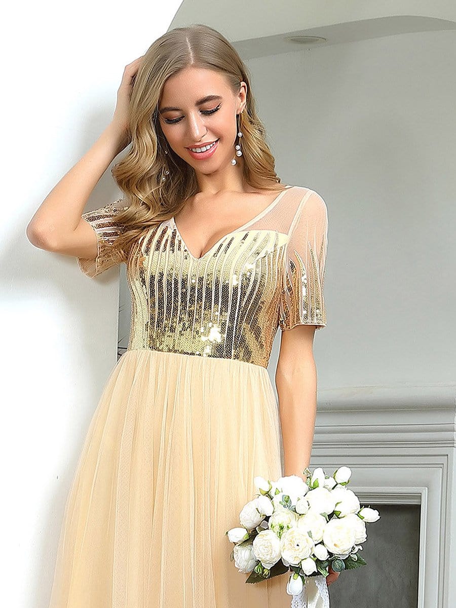 Color=Gold | Women'S Cute V Neck A-Line Tulle Evening Dress With Short Sleeves-Gold 5