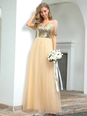 Color=Gold | Women'S Cute V Neck A-Line Tulle Evening Dress With Short Sleeves-Gold 1
