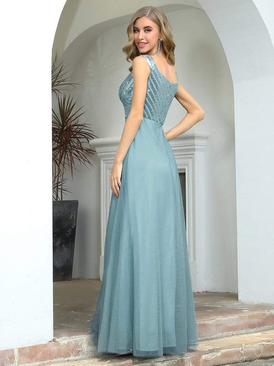 Color=Dusty blue | Elegant V Neck A-Line Sleeveless Long Bridesmaid Dress For Women-Dusty Blue 2