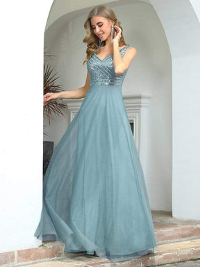 Color=Dusty blue | Elegant V Neck A-Line Sleeveless Long Bridesmaid Dress For Women-Dusty Blue 3