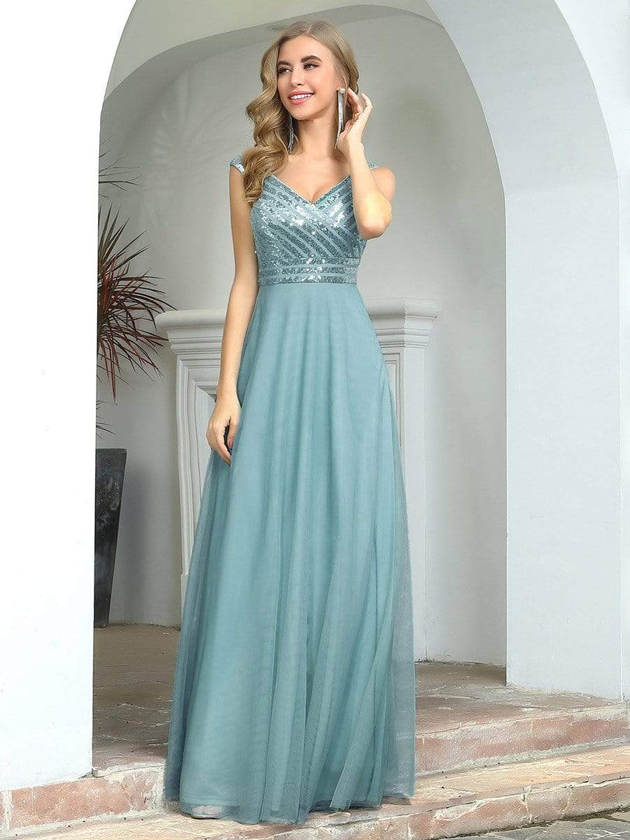 Color=Dusty blue | Elegant V Neck A-Line Sleeveless Long Bridesmaid Dress For Women-Dusty Blue 4