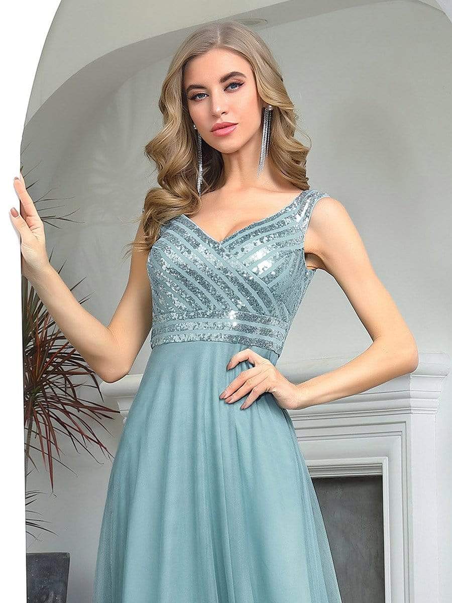 Color=Dusty blue | Elegant V Neck A-Line Sleeveless Long Bridesmaid Dress For Women-Dusty Blue 5