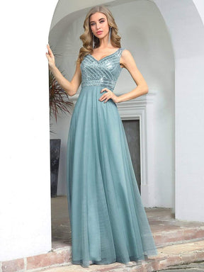 Color=Dusty blue | Elegant V Neck A-Line Sleeveless Long Bridesmaid Dress For Women-Dusty Blue 1