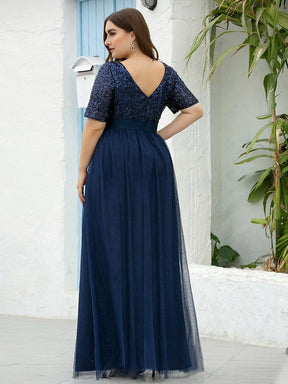 Color=Navy Blue | Plus Size V Neck Formal Tulle Evening Dresses With Sequin For Mom-Navy Blue 2