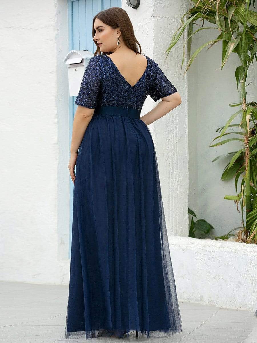 Color=Navy Blue | Double V Neck Short Sleeves Evening Dresses With Sequin-Navy Blue 7