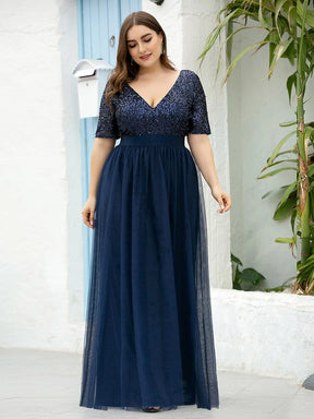 Color=Navy Blue | Plus Size V Neck Formal Tulle Evening Dresses With Sequin For Mom-Navy Blue 3