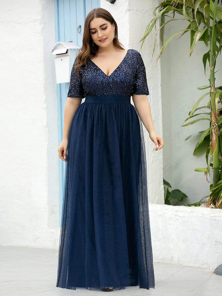 Color=Navy Blue | Double V Neck Short Sleeves Evening Dresses With Sequin-Navy Blue 8