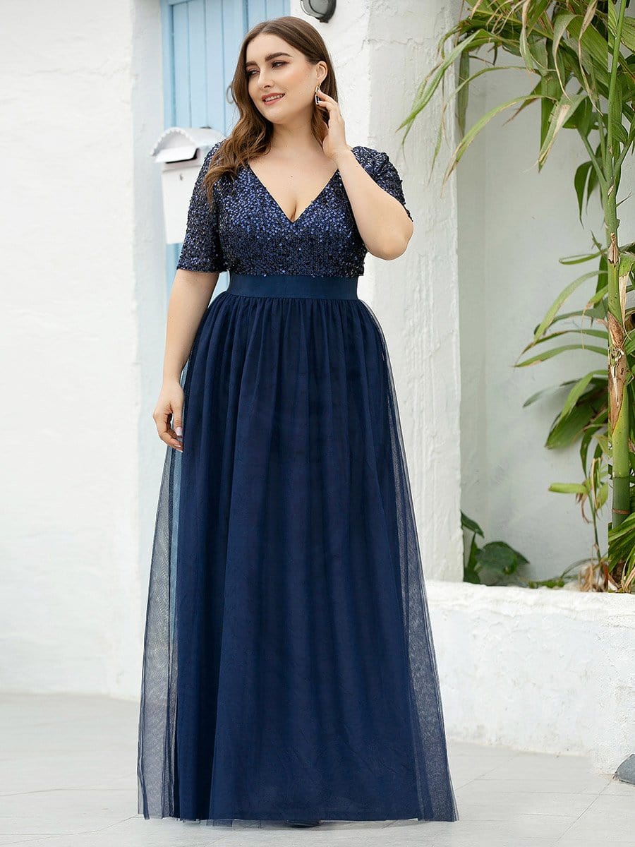 Color=Navy Blue | Plus Size V Neck Formal Tulle Evening Dresses With Sequin For Mom-Navy Blue 4
