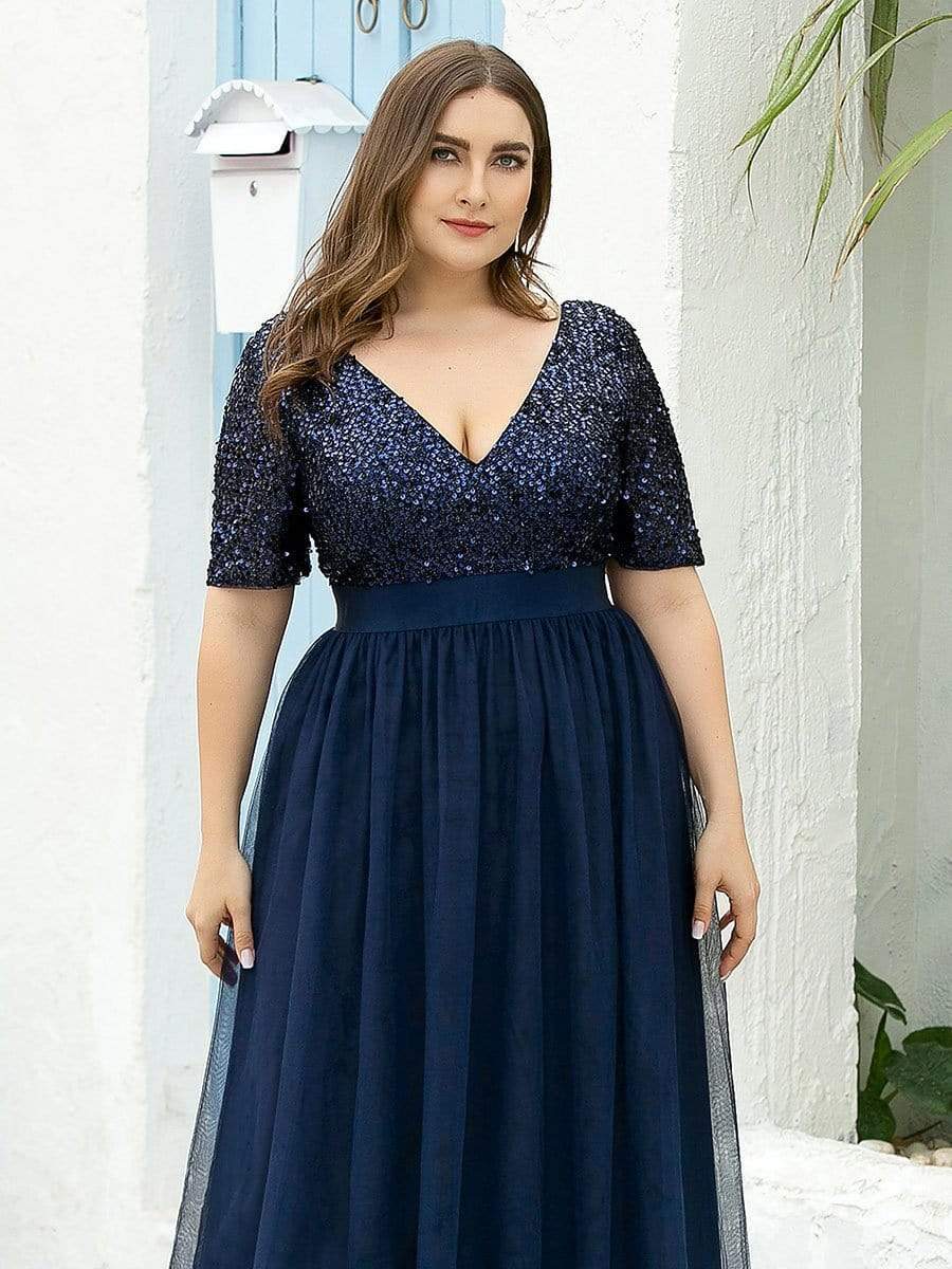Color=Navy Blue | Double V Neck Short Sleeves Evening Dresses With Sequin-Navy Blue 10