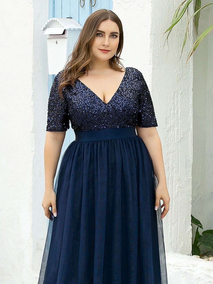 Color=Navy Blue | Plus Size V Neck Formal Tulle Evening Dresses With Sequin For Mom-Navy Blue 5