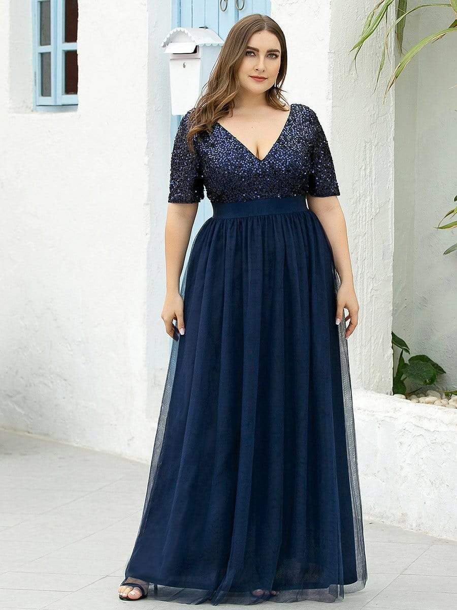 Color=Navy Blue | Double V Neck Short Sleeves Evening Dresses With Sequin-Navy Blue 6