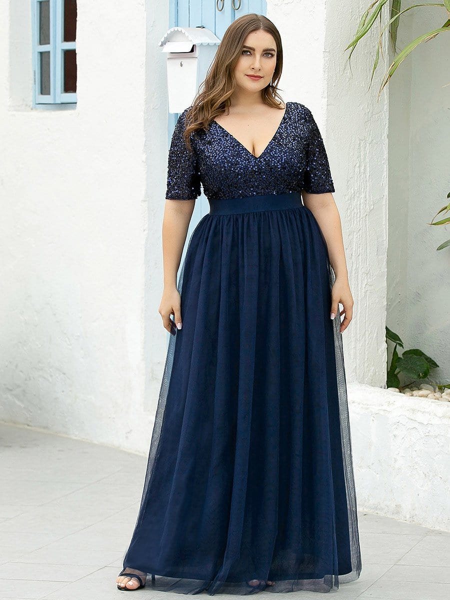 Color=Navy Blue | Plus Size V Neck Formal Tulle Evening Dresses With Sequin For Mom-Navy Blue 1
