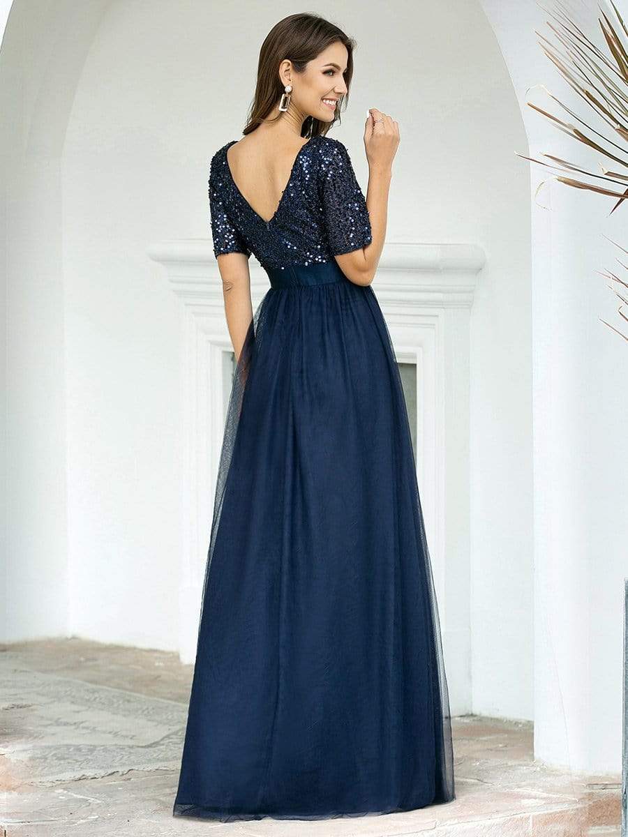 Color=Navy Blue | Double V Neck Short Sleeves Evening Dresses With Sequin-Navy Blue 2