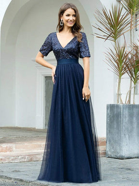 Color=Navy Blue | Double V Neck Short Sleeves Evening Dresses With Sequin-Navy Blue 3