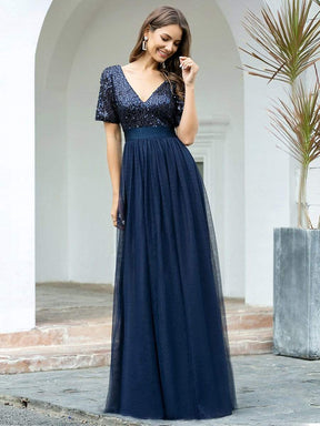 Color=Navy Blue | Double V Neck Short Sleeves Evening Dresses With Sequin-Navy Blue 4