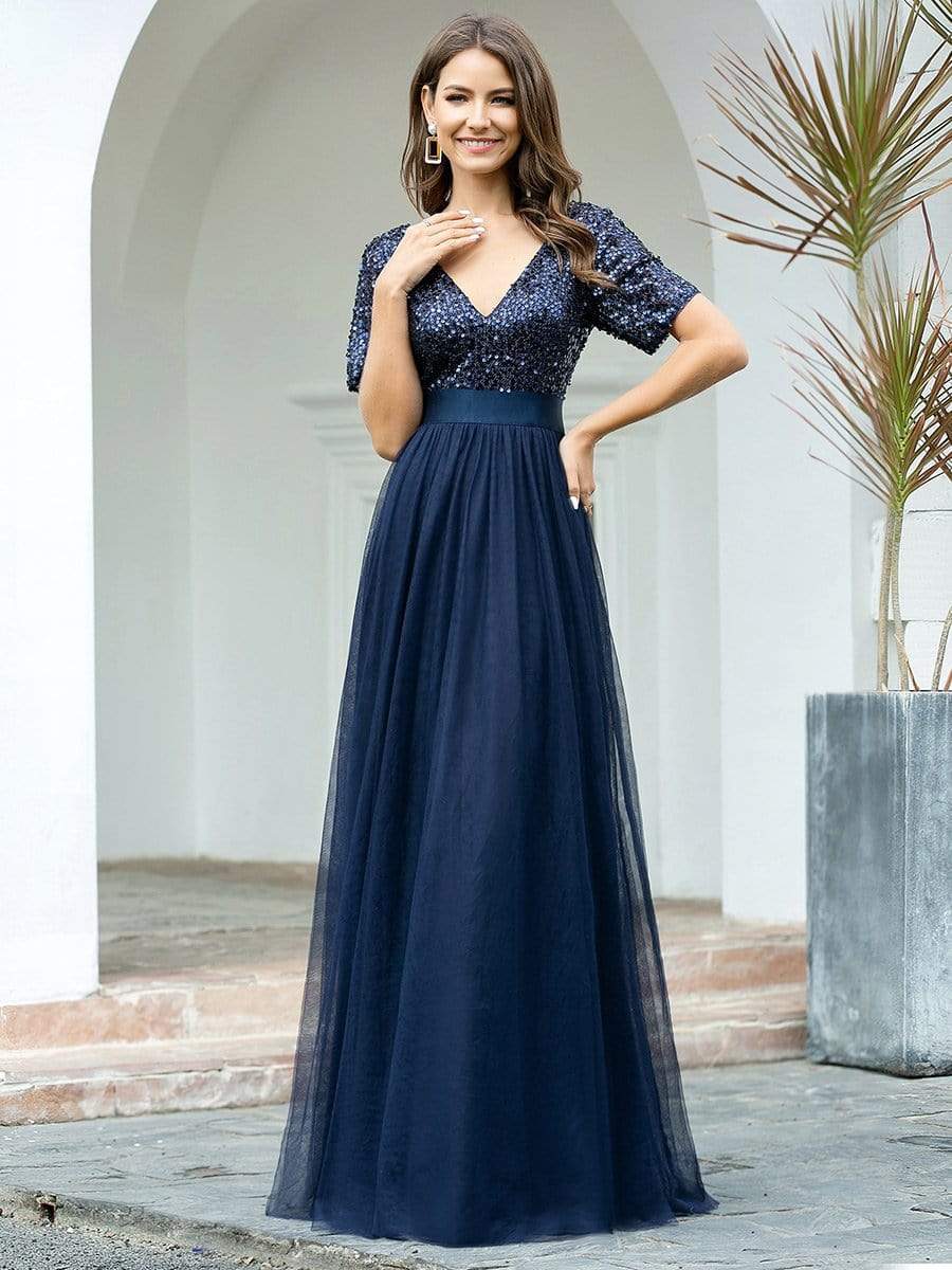 Color=Navy Blue | Double V Neck Short Sleeves Evening Dresses With Sequin-Navy Blue 1