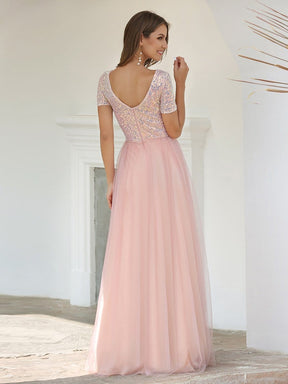 Color=Pink | Sweet V Neck A-Line Tulle Bridesmaid Dress With Sequin-Pink 2