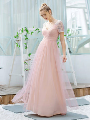 Color=Pink | Sweet V Neck A-Line Tulle Bridesmaid Dress With Sequin-Pink 3