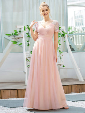 Color=Pink | Sweet V Neck A-Line Tulle Bridesmaid Dress With Sequin-Pink 4