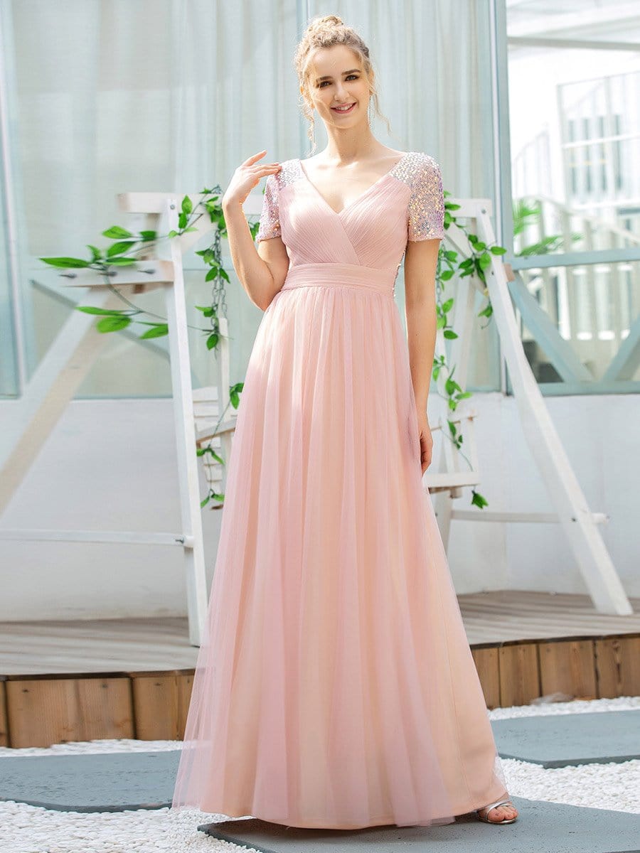 Color=Pink | Sweet V Neck A-Line Tulle Bridesmaid Dress With Sequin-Pink 4