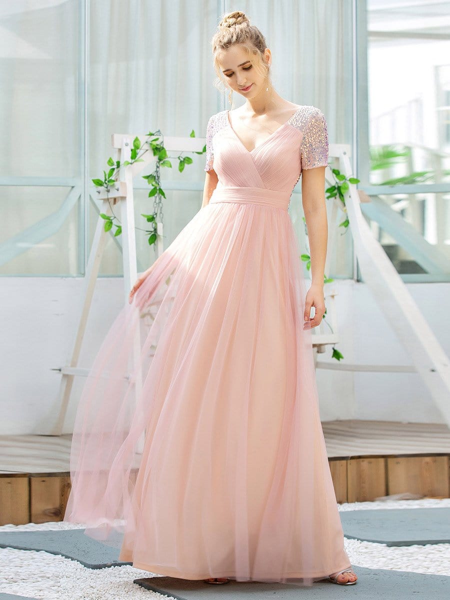 Color=Pink | Sweet V Neck A-Line Tulle Bridesmaid Dress With Sequin-Pink 1
