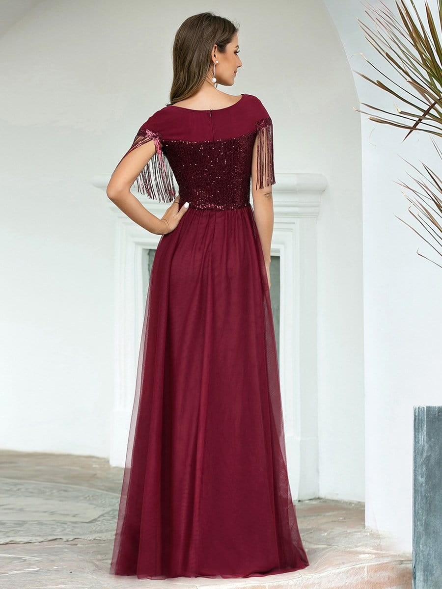 Color=Burgundy | Elegant A-Line Rond Neck Tulle Prom Dress With Sequin Tassels-Burgundy 2