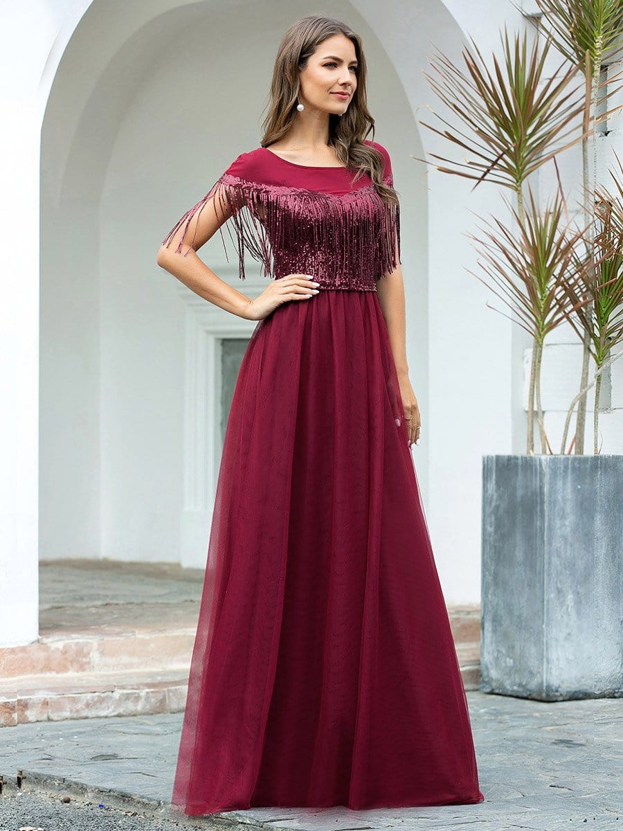 Color=Burgundy | Elegant A-Line Rond Neck Tulle Prom Dress With Sequin Tassels-Burgundy 3