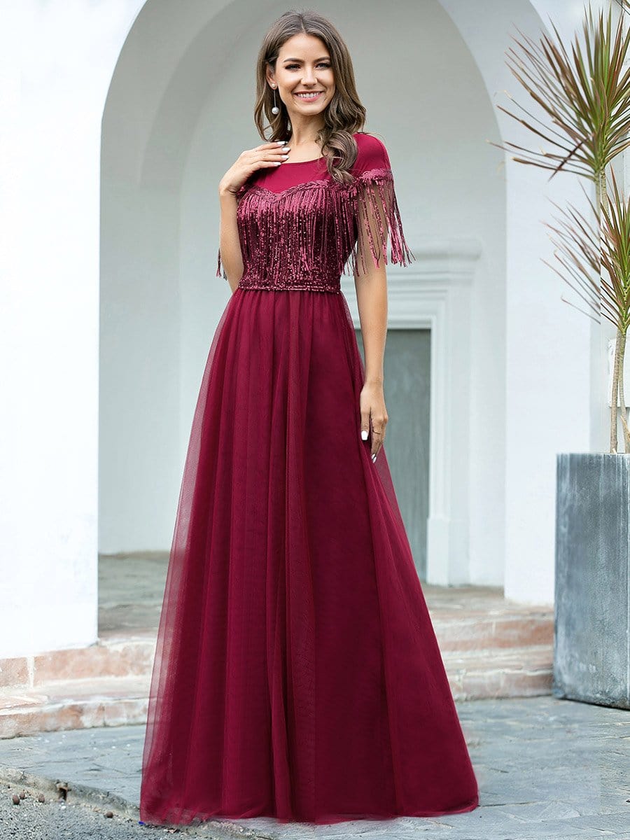 Color=Burgundy | Elegant A-Line Rond Neck Tulle Prom Dress With Sequin Tassels-Burgundy 4