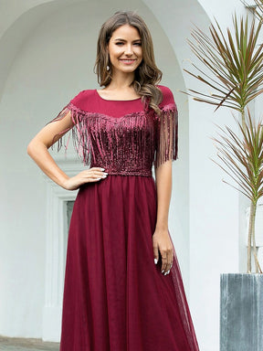 Color=Burgundy | Elegant A-Line Rond Neck Tulle Prom Dress With Sequin Tassels-Burgundy 5