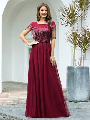 Color=Burgundy | Elegant A-Line Rond Neck Tulle Prom Dress With Sequin Tassels-Burgundy 1