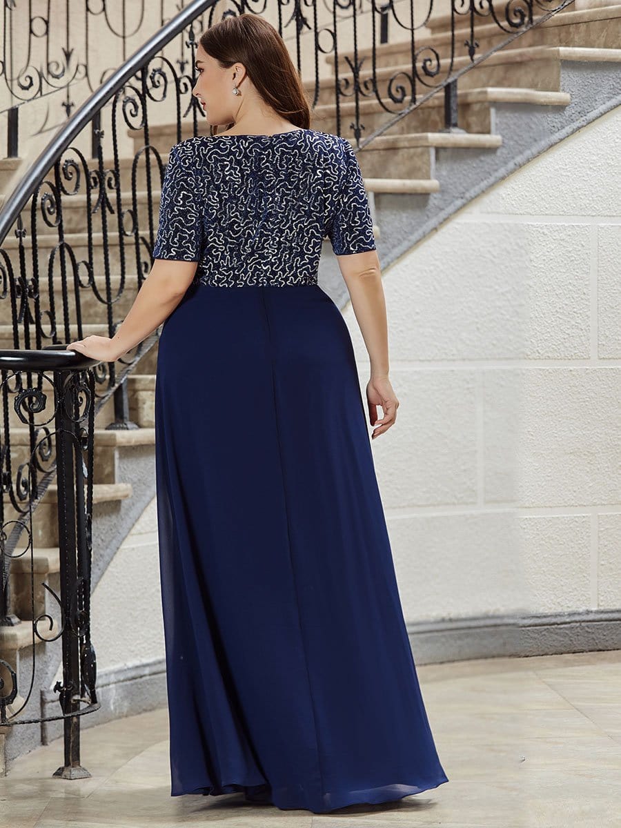 Color=Navy Blue | Elegant V Neck Beaded A-Line Chiffon Plus Size Evening Dress-Navy Blue 2