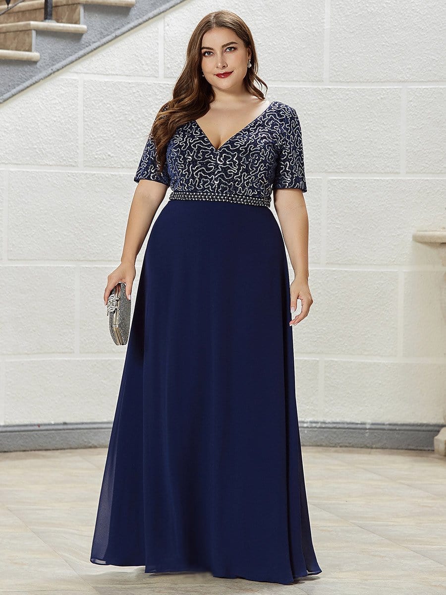 Color=Navy Blue | Elegant V Neck Beaded A-Line Chiffon Plus Size Evening Dress-Navy Blue 4