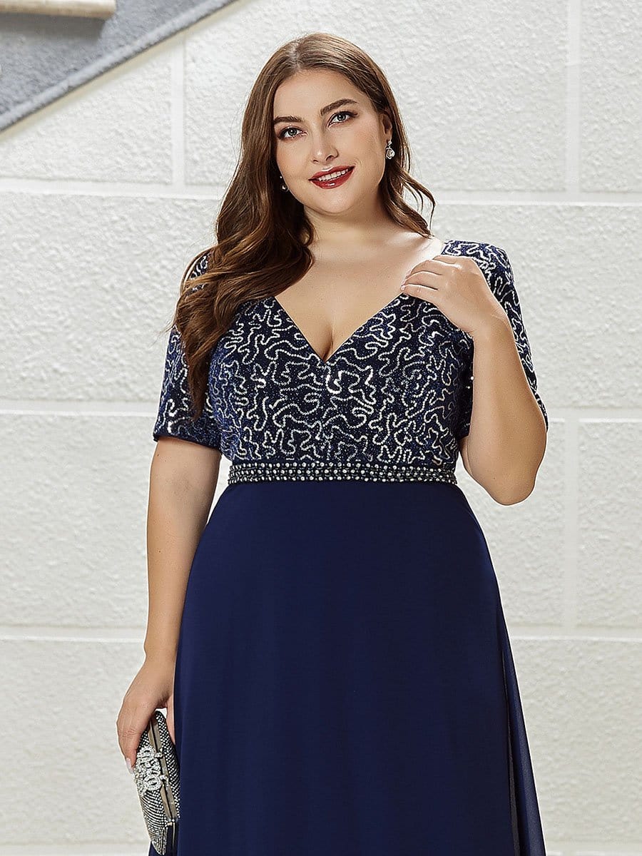 Color=Navy Blue | Elegant V Neck Beaded A-Line Chiffon Plus Size Evening Dress-Navy Blue 5