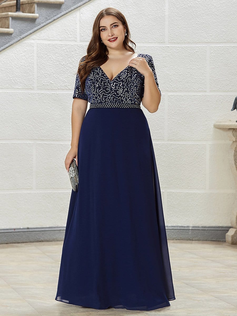 Color=Navy Blue | Elegant V Neck Beaded A-Line Chiffon Plus Size Evening Dress-Navy Blue 1