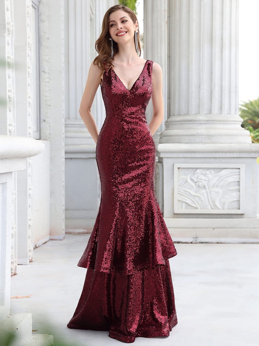 Color=Burgundy | Sexy Double Hem Mermaid Sequin Evening Dress With V Neck-Burgundy 3