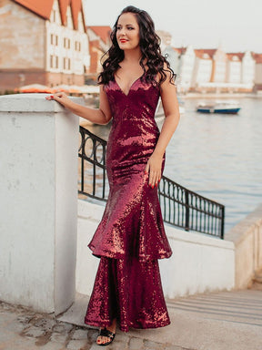 Color=Burgundy | Sexy Double Hem Mermaid Sequin Evening Dress With V Neck-Burgundy 1