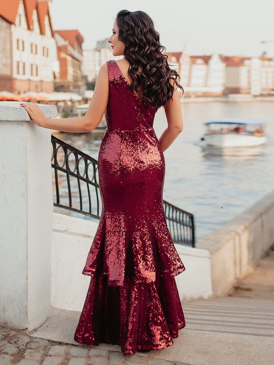 Color=Burgundy | Sexy Double Hem Mermaid Sequin Evening Dress With V Neck-Burgundy 2