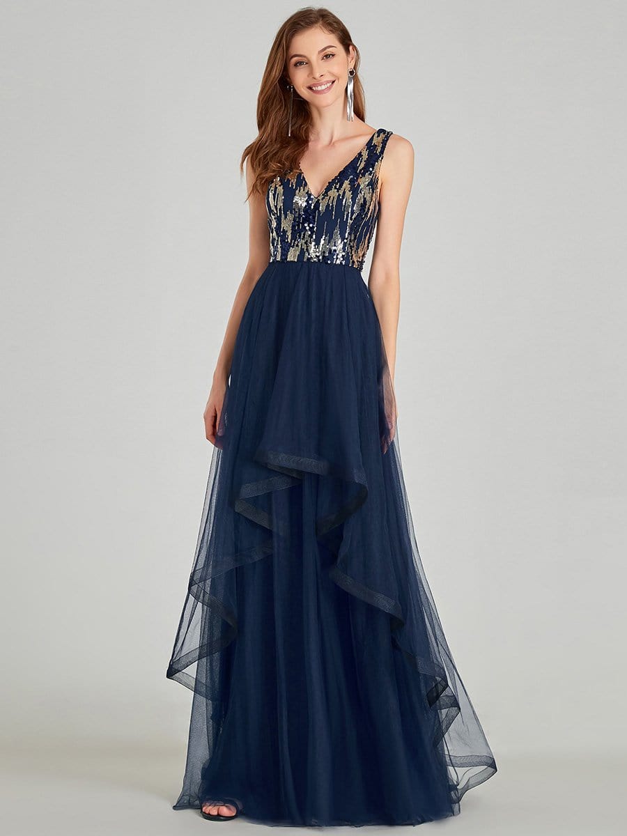 Color=Navy Blue | Unique Double Tiers Asymmetrical A-Line Prom Dresses-Navy Blue 9