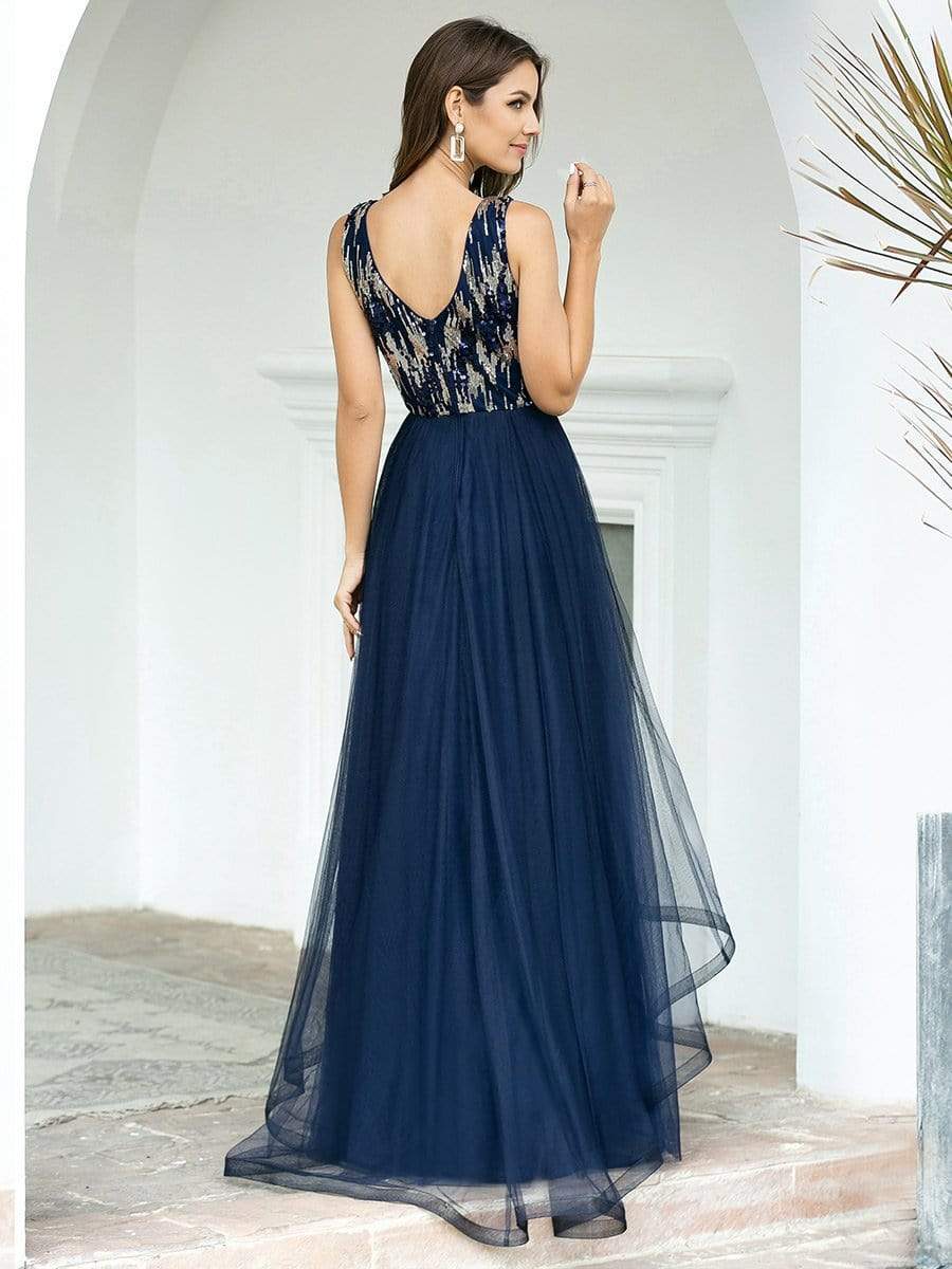 Color=Navy Blue | Unique Double Tiers Asymmetrical A-Line Prom Dresses-Navy Blue 2