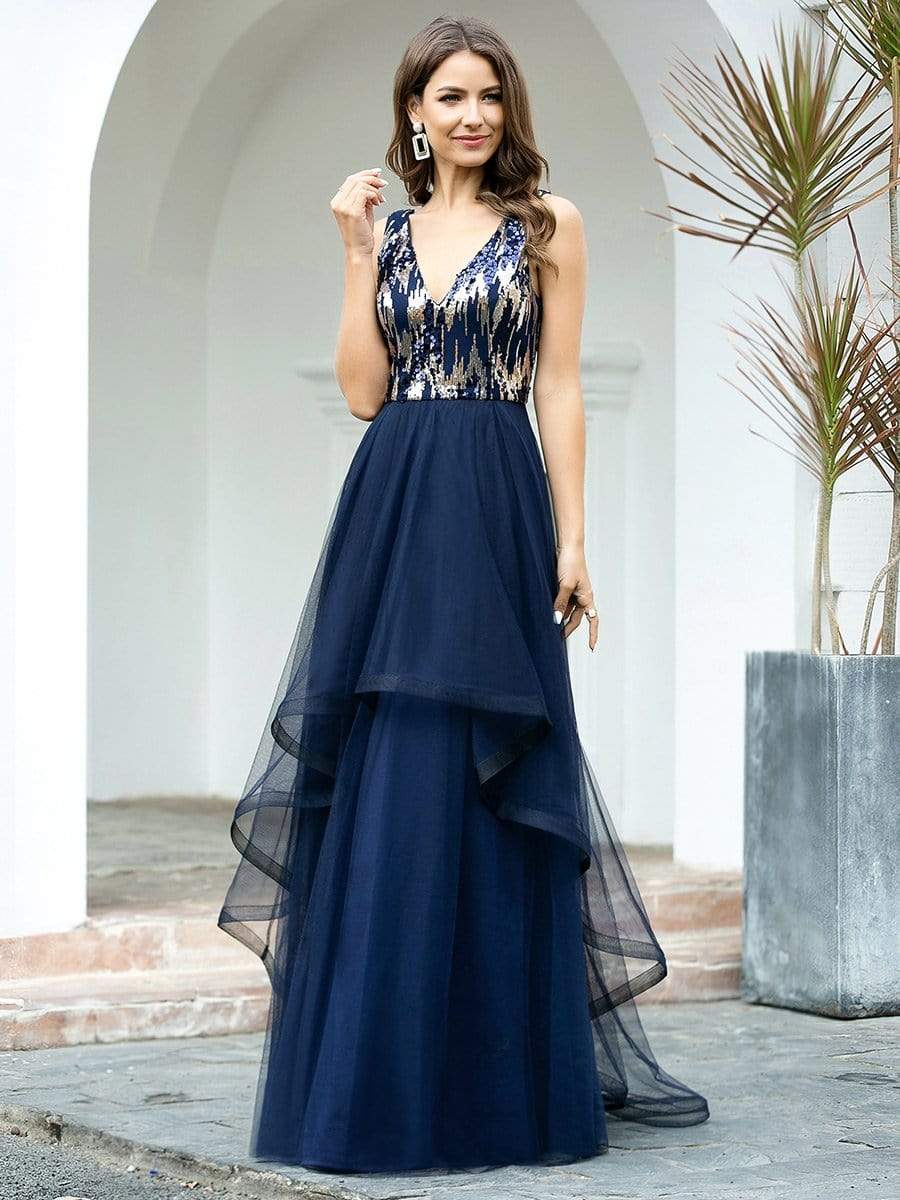 Color=Navy Blue | Unique Double Tiers Asymmetrical A-Line Prom Dresses-Navy Blue 3