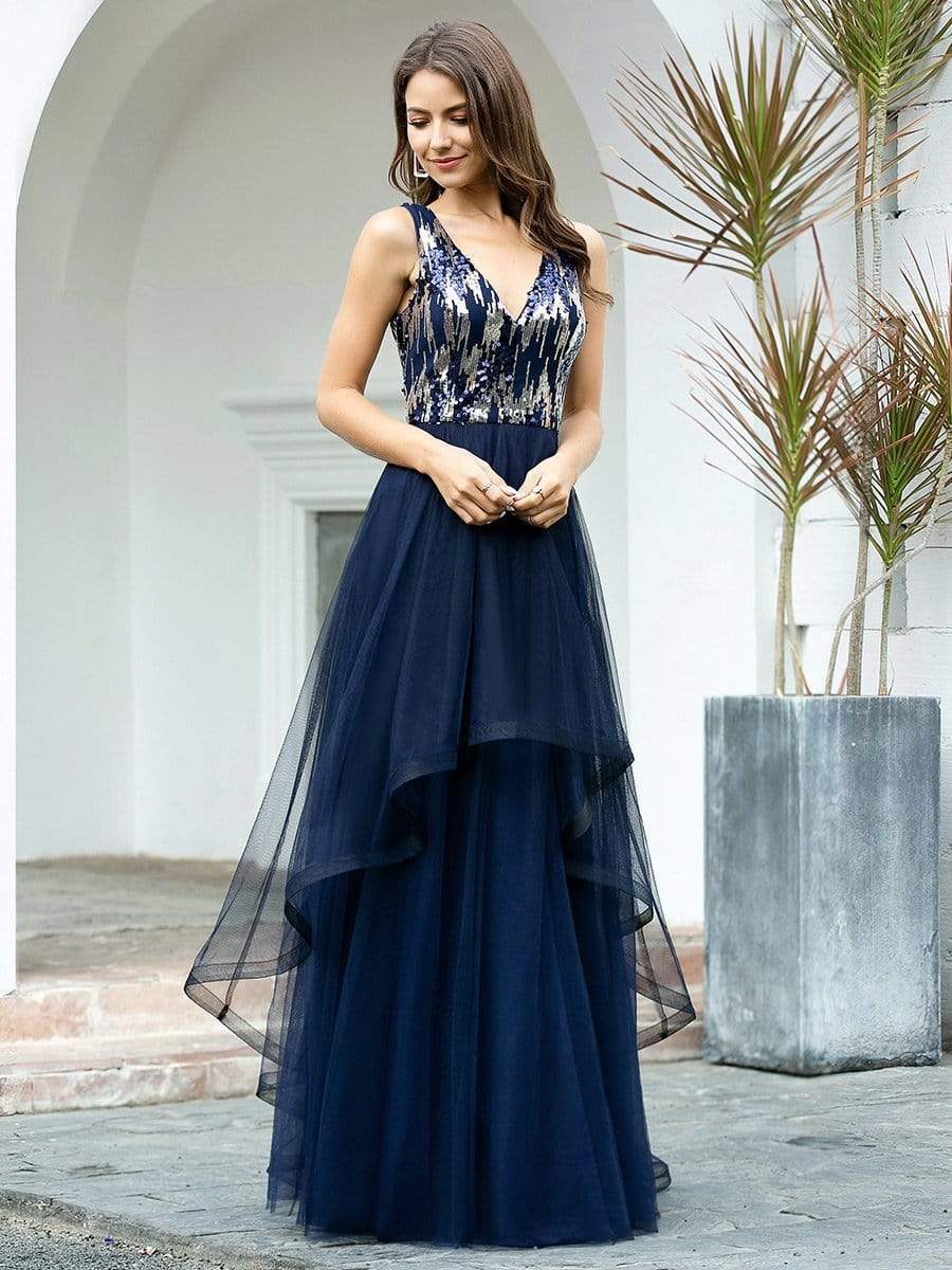 Color=Navy Blue | Unique Double Tiers Asymmetrical A-Line Prom Dresses-Navy Blue 4