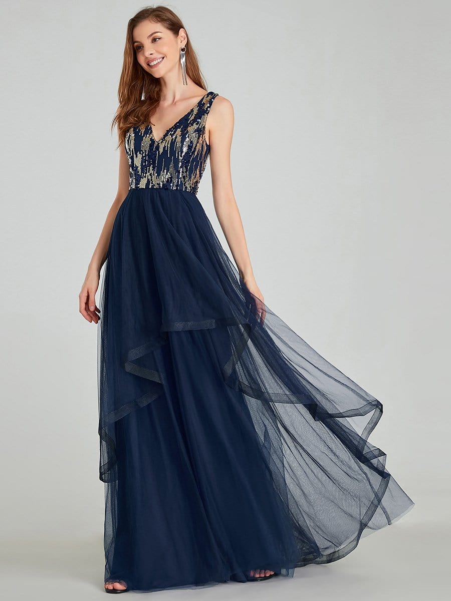 Color=Navy Blue | Unique Double Tiers Asymmetrical A-Line Prom Dresses-Navy Blue 8