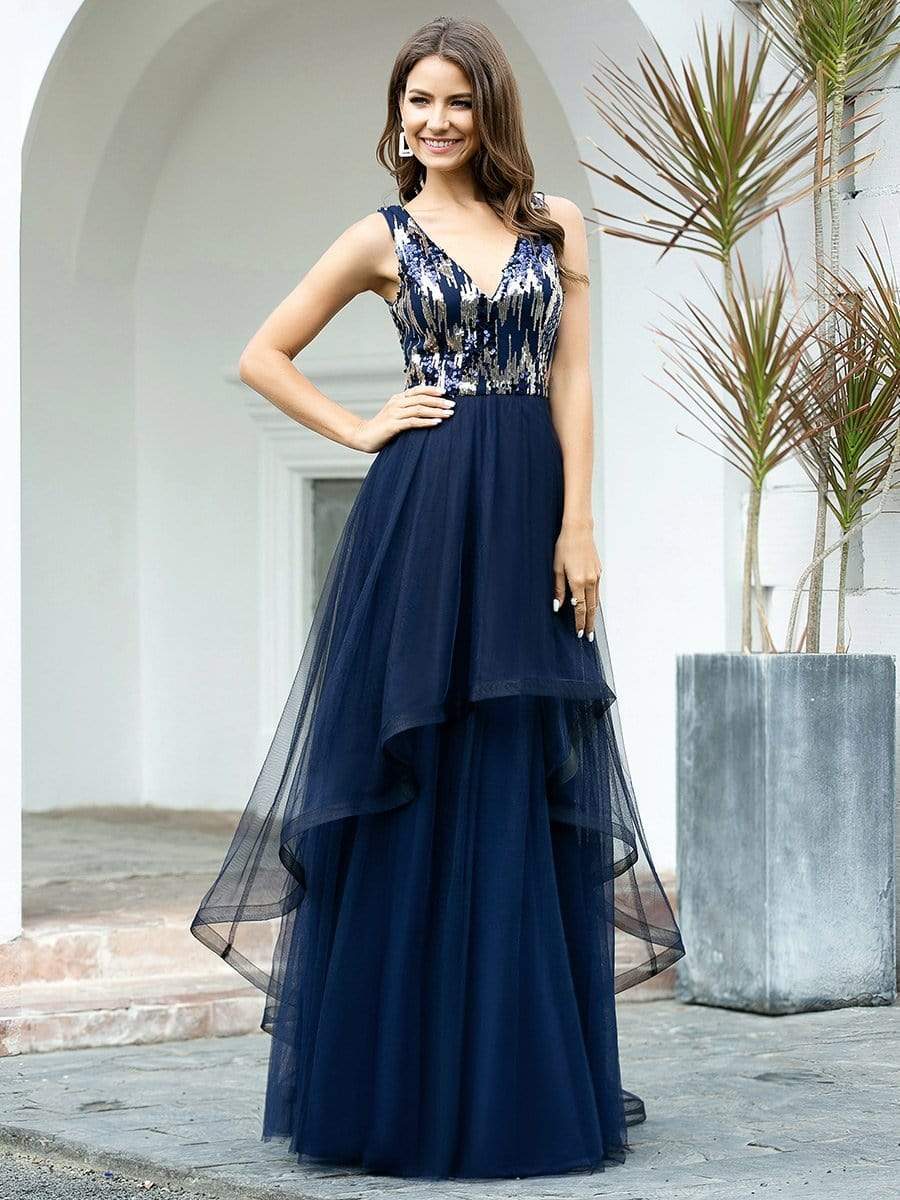 Color=Navy Blue | Unique Double Tiers Asymmetrical A-Line Prom Dresses-Navy Blue 1